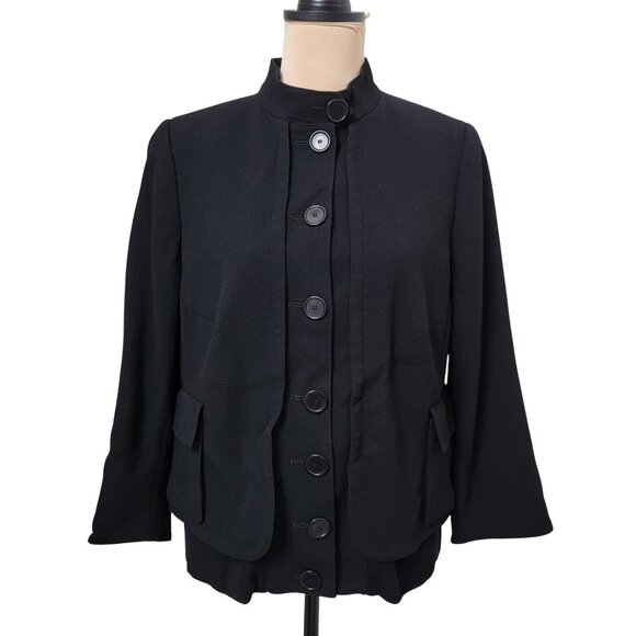 AKRIS punto Size 14 Black Button Up Mandarin Collar Ribbed Wool Crepe Jacket - Picture 1 of 14